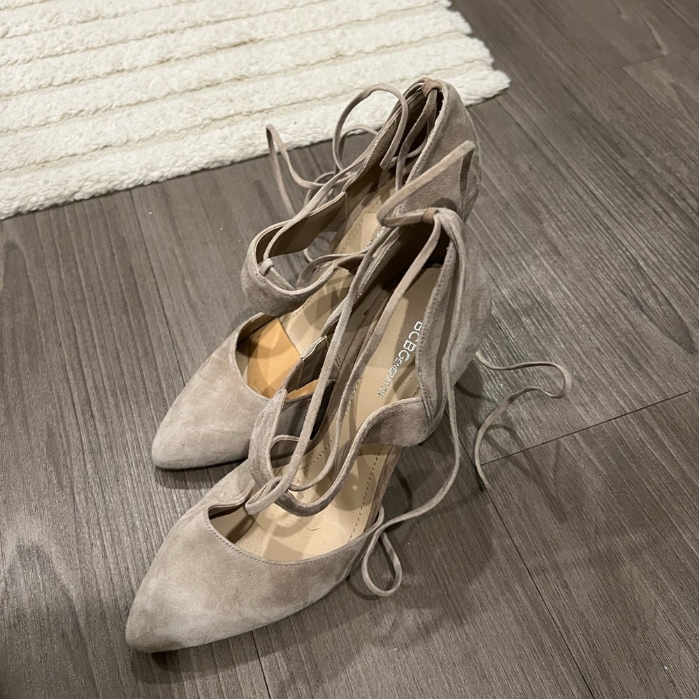 BCBG Tan Lace-Up Heels with Pointed Toe